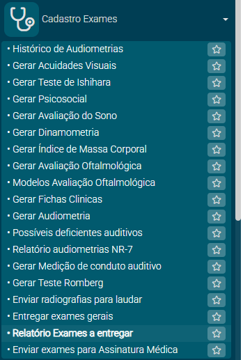 Acesso ao menu de relatório de exames não entregues