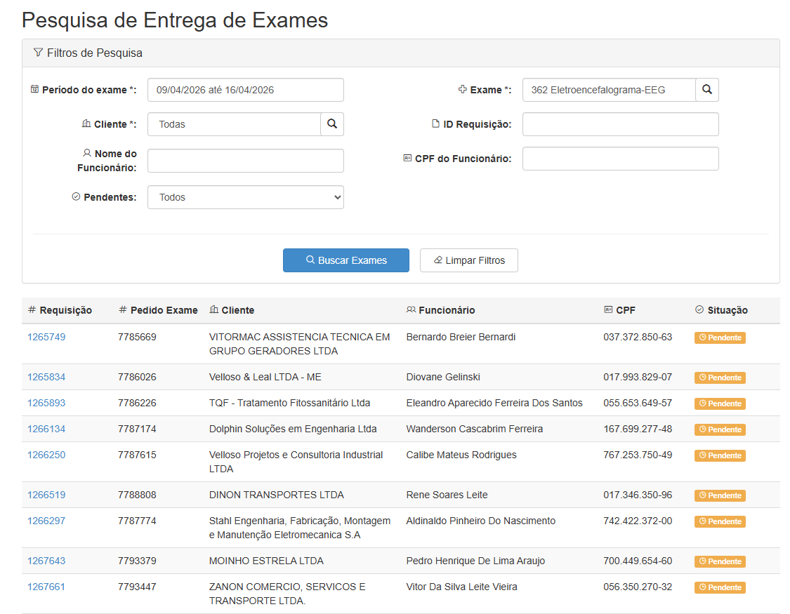 Lista de exames faltantes carregada pelo sistema